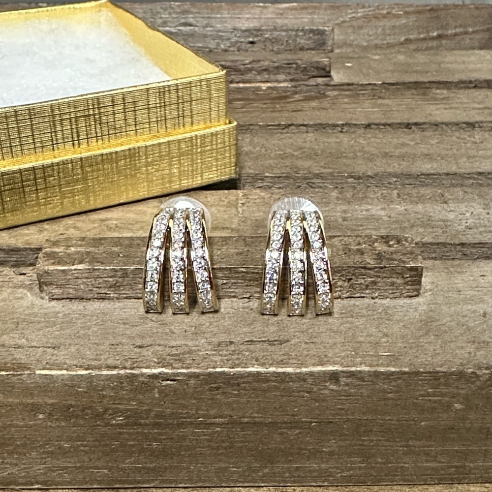Swarovski Crystal Very Rare vintage tripe row gold half hoop gold post earrings